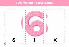 utbildning spel för barn inlärning konsonant vokal konsonant ord med söt tecknad serie sex siffra illustration tryckbar Flash-kort vektor