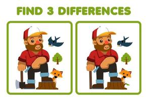 Lernspiel für Kinder Drei Unterschiede zwischen zwei niedlichen Cartoon-Holzfällern finden, die eine Axt neben Fuchs- und Vogelfarm tragen Arbeitsblatt zum Ausdrucken vektor