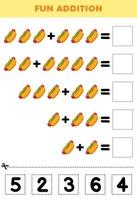 Lernspiel für Kinder Spaß Addition durch Ausschneiden und Anpassen der richtigen Nummer für Cartoon Food Hotdog druckbares Arbeitsblatt vektor