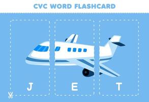 Lernspiel für Kinder, die Konsonanten-Vokal-Konsonanten-Wörter mit niedlicher Cartoon-Jet-Illustration zum Ausdrucken lernen vektor