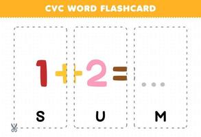 utbildning spel för barn inlärning konsonant vokal konsonant ord med söt tecknad serie belopp siffra ett plus två illustration tryckbar Flash-kort vektor