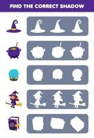 utbildning spel för barn hitta de korrekt skugga silhuett av söt tecknad serie hatt kittel magi klot bok häxa halloween tryckbar kalkylblad vektor
