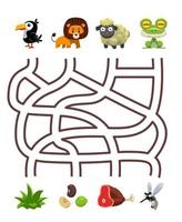 Labyrinth-Puzzle-Spiel für Kinder Paar niedlichen Cartoon-Tukan-Löwe-Schaf-Frosch mit dem richtigen Lebensmittel-Arbeitsblatt zum Ausdrucken vektor