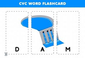 Lernspiel für Kinder, die Konsonanten-Vokal-Konsonanten-Wörter mit niedlicher Cartoon-Staudamm-Wasser-Illustration zum Ausdrucken lernen vektor