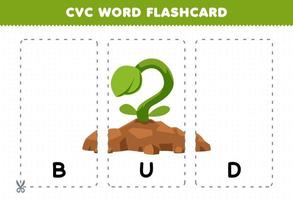 Bildungsspiel für Kinder, die Konsonanten-Vokal-Konsonantenwort mit niedlicher Cartoon-Knospe der Pflanzenillustration zum Ausdrucken lernen vektor