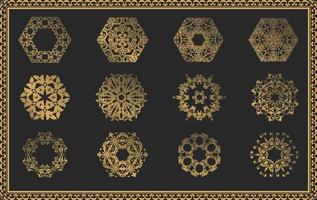 polygon form guld mandala prydnad uppsättning, lyx blommig prydnad, årgång ram, Bra för bakgrund, bröllop inbjudan, affisch, social media, hälsning kort mall vektor