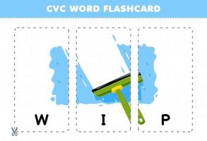 Lernspiel für Kinder, die Konsonanten-Vokal-Konsonanten-Wörter mit niedlichen Cartoon-Wischpfützen-Illustrationen zum Ausdrucken lernen vektor