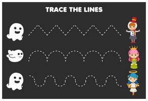 Erziehungsspiel für Kinder Handschriftübung Verfolgen Sie die Linien mit dem niedlichen Cartoon-Geist-Schneemann-Königin-Engel-Kostüm-Bild-Halloween-Arbeitsblatt zum Ausdrucken vektor