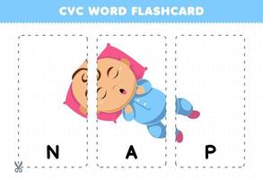 utbildning spel för barn inlärning konsonant vokal konsonant ord med söt tecknad serie bebis ta en tupplur illustration tryckbar Flash-kort vektor