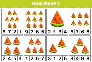 Bildungsspiel für Kinder, die zählen, wie viele Objekte in jeder Tabelle des druckbaren Arbeitsblatts für niedliche Cartoon-Wassermelonenscheibenfrüchte enthalten sind vektor