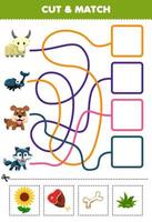 utbildning spel för barn skära och match de korrekt mat för söt tecknad serie get skalbagge hund Varg tryckbar kalkylblad vektor