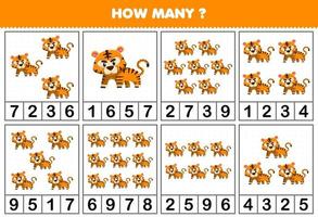 Lernspiel für Kinder, die zählen, wie viele Objekte in jeder Tabelle des Arbeitsblatts zum Ausdrucken von niedlichen Cartoon-Tigertieren vorhanden sind vektor
