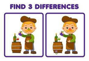 Lernspiel für Kinder Finden Sie drei Unterschiede zwischen zwei niedlichen Cartoon-Winzern, die Trauben neben einem Holzfass-Bauernhof zum Ausdrucken tragen vektor