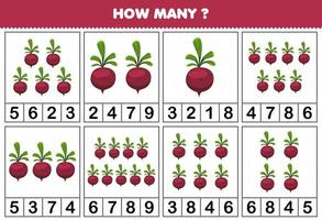 utbildning spel för barn räkning på vilket sätt många objekt i varje tabell av söt tecknad serie beta vegetabiliska tryckbar kalkylblad vektor
