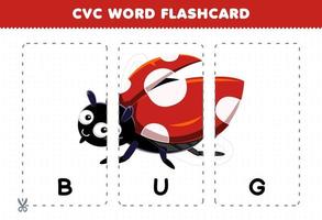 utbildning spel för barn inlärning konsonant vokal konsonant ord med söt tecknad serie insekt illustration tryckbar Flash-kort vektor