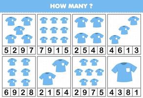 Bildungsspiel für Kinder, das zählt, wie viele Objekte in jeder Tabelle des druckbaren Arbeitsblatts für tragbare Kleidung der Karikatur blaues T-Shirt sind vektor