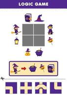 Bildungsspiel für Kinder Logikpuzzle Bauen Sie die Straße für die Hexe, bewegen Sie sich zum Kessel, Süßigkeiten und buchstabieren Sie das Halloween-Arbeitsblatt zum Ausdrucken vektor