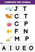 Bildungsspiel für Kinder Vervollständigen Sie die Vokale des druckbaren Arbeitsblatts der niedlichen Cartoon-Jet-Katzentasse Flossenmop-Illustration vektor