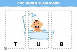 bildungsspiel für kinder lernen konsonant vokal konsonant wort mit niedlichem cartoon baby duschen in der wanne illustration druckbare flashcard vektor