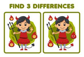 Lernspiel für Kinder Finden Sie drei Unterschiede zwischen zwei niedlichen Cartoon-Teufel-Mädchen-Kostüm-Halloween-Arbeitsblättern zum Ausdrucken vektor