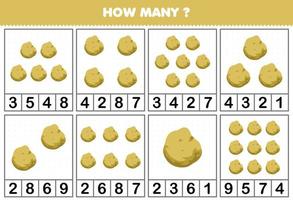 utbildning spel för barn räkning på vilket sätt många objekt i varje tabell av söt tecknad serie potatis vegetabiliska tryckbar kalkylblad vektor