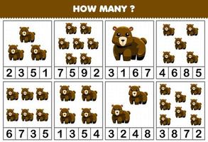 utbildning spel för barn räkning på vilket sätt många objekt i varje tabell av söt tecknad serie Björn djur- tryckbar kalkylblad vektor