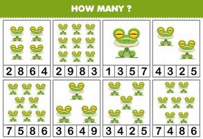 utbildning spel för barn räkning på vilket sätt många objekt i varje tabell av söt tecknad serie groda djur- tryckbar kalkylblad vektor
