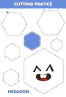 Lernspiel für Kinder Schnittübungen mit geometrischem Hexagon-Arbeitsblatt zum Ausdrucken vektor