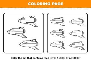 utbildning spel för barn färg sida Mer eller mindre bild av söt tecknad serie rymdskepp linje konst uppsättning tryckbar sol- systemet kalkylblad vektor