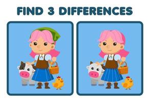 Lernspiel für Kinder Finden Sie drei Unterschiede zwischen zwei niedlichen Cartoon-Bauern, die einen Korb tragen, während sie einen Kuhkopf streicheln