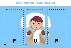 utbildning spel för barn inlärning konsonant vokal konsonant ord med söt tecknad serie flicka bär päls jacka illustration tryckbar Flash-kort vektor