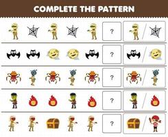 Bildungsspiel für Kinder Vervollständigen Sie das Muster, indem Sie das richtige Bild des Arbeitsblatts zum Ausdrucken des niedlichen Cartoon-Mumienkostüms Halloween erraten vektor