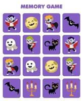 Lernspiel für Kindergedächtnis, um ähnliche Bilder von niedlichem Cartoon-Geist-Mond-Fledermaus-Katze-Kerze-Dracula-Kostüm-Halloween-Arbeitsblatt zum Ausdrucken zu finden vektor