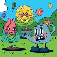 tecknad serie trädgård blommor vektor
