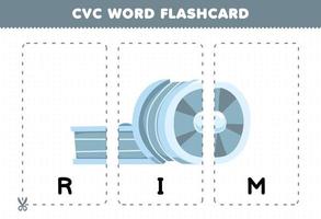 Lernspiel für Kinder, die Konsonanten-Vokal-Konsonanten-Wörter mit niedlicher Cartoon-Felgenrad-Illustration zum Ausdrucken lernen vektor