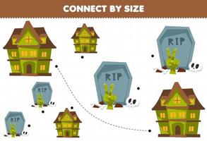 lernspiel für kinder verbinden durch die größe des niedlichen cartoon-grabsteins und des gruseligen hauses halloween druckbares arbeitsblatt vektor