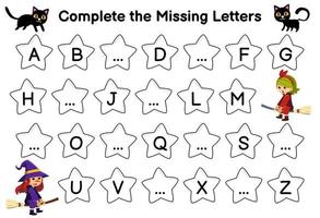 utbildning spel för komplett de saknas brev med söt tecknad serie svart katt och häxa kostym bild halloween tryckbar kalkylblad vektor