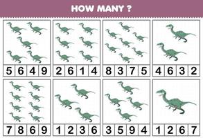 Lernspiel für Kinder, die zählen, wie viele Objekte in jeder Tabelle des druckbaren Arbeitsblatts des niedlichen Cartoon-prähistorischen Dinosauriers Velociraptor sind vektor