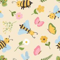 tecknad serie bin, fjärilar med färgrik blommor seamles mönster på pastell bakgrund. design för barn textil, tapet, bakgrund. vektor