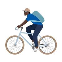 afroamerikanischer mann auf weißem fahrrad. vektorseitenansichtillustration, lokalisiert auf weißem hintergrund. themenorientiertes Bild des Sommersports. Paketzustellung. Cartoon-Stil. vektor