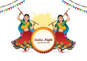 garba natt skön kvinna spelar garba och dandiya firande kort design vektor