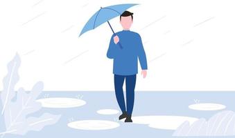 en pojke är gående i de regn med ett paraply. vektor
