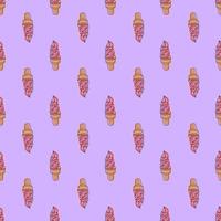 süßes nahtloses Muster mit handgezeichneter Doodle-Eiscreme in einem rosa Kegel mit Krümeln auf violettem Hintergrund für Stoff, Poster, Tapeten. Vektor
