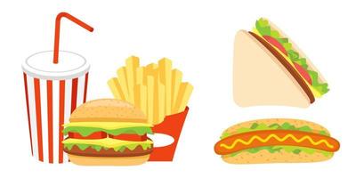 sammlungssatz von fast-food-objekten hot dog sandwich alkoholfreie getränke hamburger pommes frites