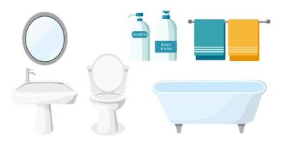 Sammlung von Badezimmerobjekten Badewanne Toilette Waschtisch Spiegel Handtücher vektor