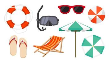 samling uppsättning av sommar semester objekt paraply liggande strand stol solglasögon dykning mask flip flops sudd ringa vektor