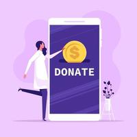 välgörenhet donation uppkopplad med kvinna sätta pengar mynt i smartphone. donera pengar förbi uppkopplad betalningar välgörenhet platt vektor