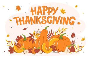 Happy Thanksgiving-Grußkarte mit Blättern, Kürbis und Früchten. bunte saisonale Vektorillustration für Feiertagsgrußkarte, Fahne, Plakat. vektor