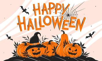 Lycklig halloween. baner med pumpor, spindelnät, Spindel och en fladdermus. vektor illustration för Semester affisch, hälsning kort, fest inbjudan.