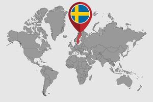 nålkarta med sveriges flagga på världskartan. vektor illustration.